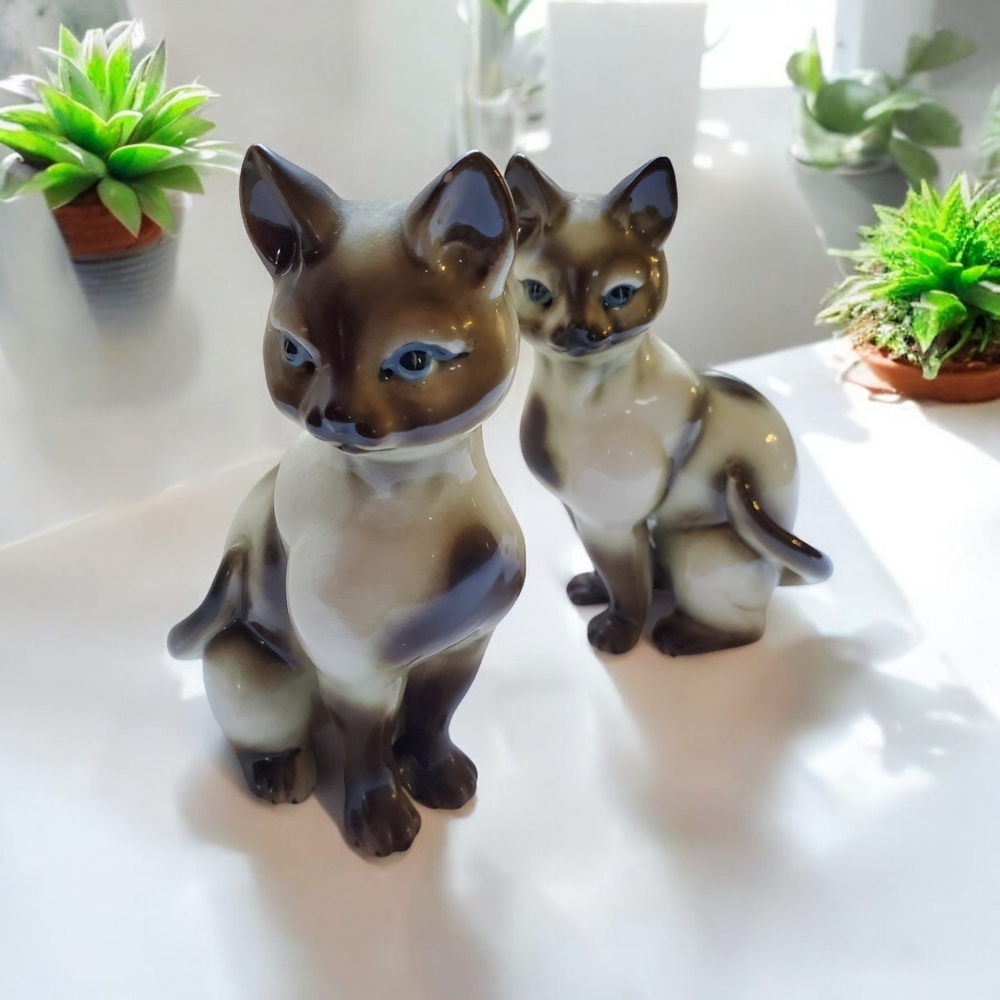 Vintage Pair Ceramic Cat Figurines Japan Siamese Cats Up to No Good